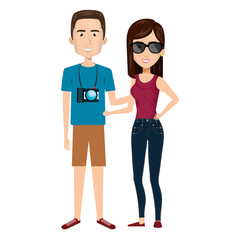 Obraz premium cartoon couple in travel with camera vector illustration