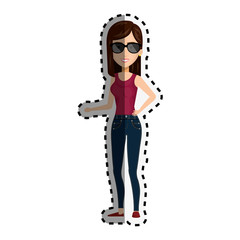 sticker cartoon woman with casual clothes and glasses vector illustration