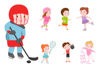 Young kids sportsmens future roller skates gymnastics isolated on white and children young winners after sport school team players vector illustration.