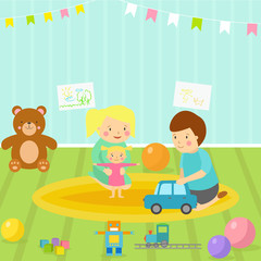 Fototapeta na wymiar Kids playroom with light furniture decor playground and toys on the floor carpet decorating flat style cartoon comfortable interior vector illustration.