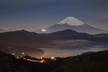 Mt.Fuji and Ashi lake at night time , the lake with Mount Fuji in the background is the symbol of...