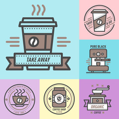Obraz premium Coffee badge logo food design thin line lettering for restaurant, cafe menu coffee house and shop element beverage label sticker vector illustration.