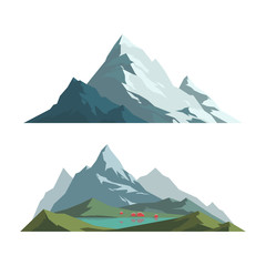 Mountain mature silhouette element outdoor icon snow ice tops and decorative isolated camping landscape travel climbing or hiking geology vector illustration.