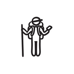 Tourist backpacker with phone sketch icon.