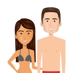 half body cartoon brunette woman and man caucasian with summer swimsuit