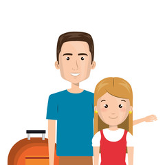 half body cartoon guy with travel briefcase and blond girl vector illustration