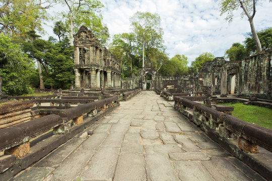 Ancient columns and walkways at Preah Khan temple in Cambodia 