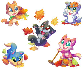 Autumn colored cartoon kittens playing with golden leaves