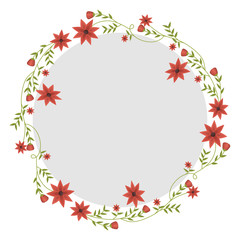 Fototapeta na wymiar circular frame with creepers and red flowers vector illustration
