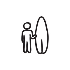 Man with surfboard sketch icon.