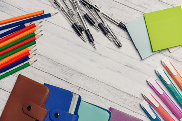 pens, pencils, markers, paper, business card holders