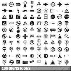 100 road signs icons set in simple style