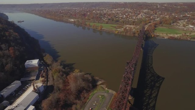 Aerial Shot of Railroad Trestle Bridge Looking Back Toward Beaver, PA