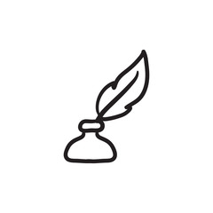 Feather in inkwell sketch icon.