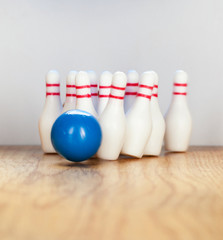 Bowling pins and bowling ball in miniature