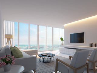 Modern white living room with sea view 3d rendering image,Decorate wall with hidden warm light,white furniture,There are large windows Looking to beautiful sea view