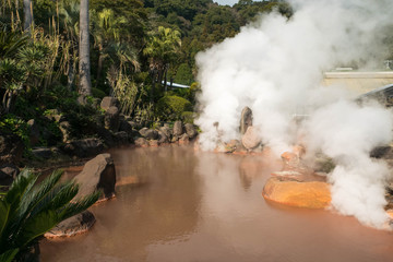 Fototapeta na wymiar Hot spring water, red pond in Umi Jigoku at Beppu, Oita-shi, Kyushu, Japan