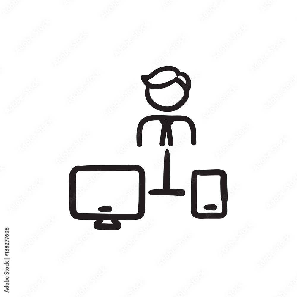 Aufkleber man linked with computer and phone sketch icon.