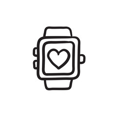 Smartwatch with heart sign sketch icon.
