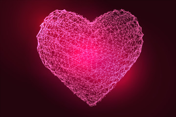 Pink heart of the mesh on a dark background. Vector Illustration