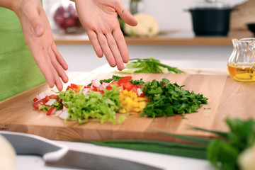 Close up of  woman's hands cooking in the kitchen. Housewife slicing ​​fresh salad. Vegetarian and healthily cooking concept