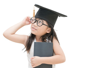 school kid graduate thinking with graduation cap isolated