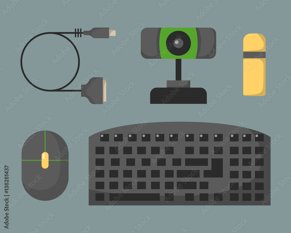 Poster computer keyboard flat icon alphabet device isolated business technology equipment communication but