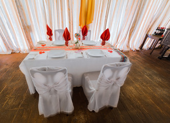 Amazing beautiful inviting view of birthday decorated table in old fashioned vintage restaurant, ready to serve their guests