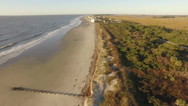 Aerial Shot looking down Folly Beach in Charleston, SC
