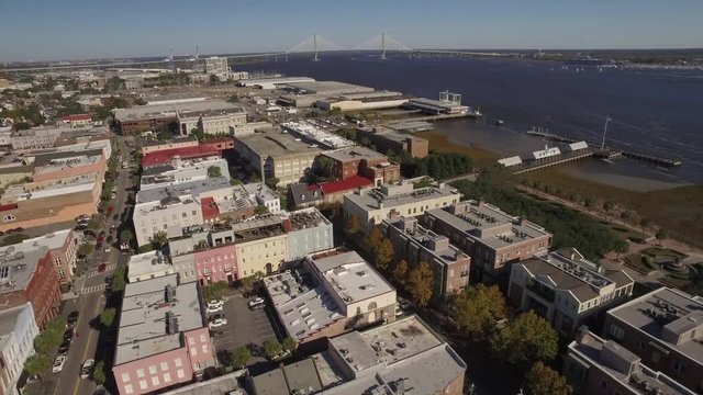 Aerial Shot of Downtown Charleston, SC Looking Toward Ravenel Bridge