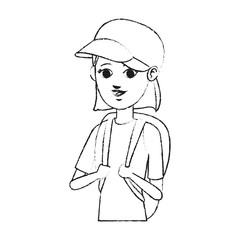 pretty young woman wearing baseball cap and backpack  icon image vector illustration design 