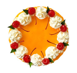 Orange cake with cherry and cream top view isolated on white background, clipping path included