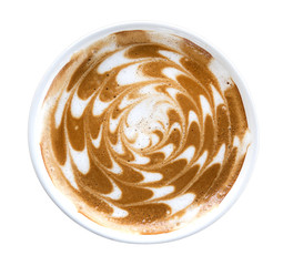 Top view of hot coffee latte cappuccino isolated on white background