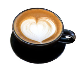 Hot coffee latte art heart shape foam in black ceramic cup isolated on white background, clipping path included