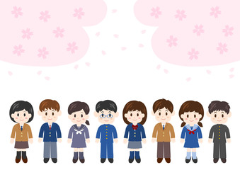 入学式のイラスト: 中高生と桜の花 