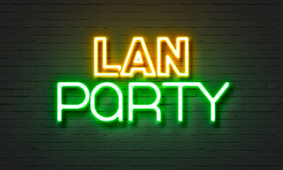 LAN party neon sign on brick wall background. - obrazy, fototapety, plakaty