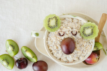 Koala bear oatmeal porridge breakfast, fun food art for kids, vegan planted base diet