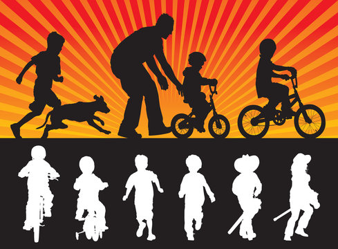Vector silhouettes of children playing, running jumping and riding bicycles.