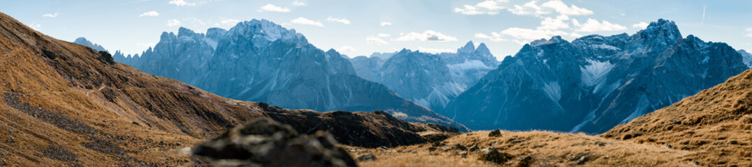 Panoramic view of steep mountains