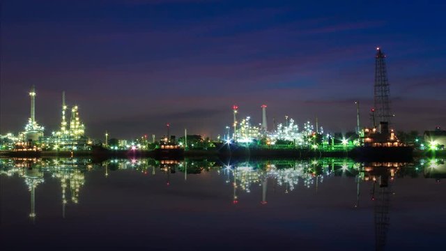 Oil and Gas Refinery Station Night To Day 4K Time Lapse (zoom out)