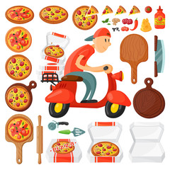 Italian cook pizza delivery boy pizzeria cartoon courier on motorbike and deliver dinner icon food box fast party meal scooter transport vector illustration.