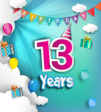 13th Anniversary Celebration Design, with clouds and balloons. using Paper Art Design Style, Vector template elements for your, thirteen years birthday celebration party.