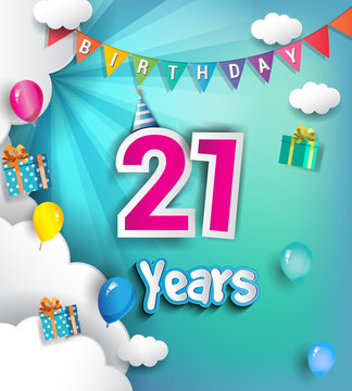 21 years Birthday Celebration Design, with clouds and balloons. using Paper Art Design Style.