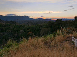 Sunset over grassland and forest in the mountains