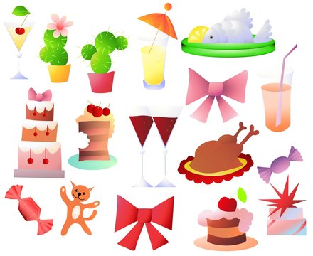 Colorful vector set of party symbols as food, cocktails, bows. Hand drawn illustration of celebration, holiday