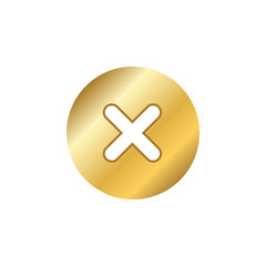 Fototapeta premium Cross sign gold element. Golden metal X icon isolated on white background. Mark graphic design. Volume button for vote, decision, web. Symbol error, check, wrong stop, failed. Vector illustration