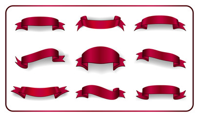 Red ribbons set. Satin glossy bow blank banners. Design label scroll blank elements isolated on white background. Empty curl retro template greeting, advertising, decoration Vector illustration