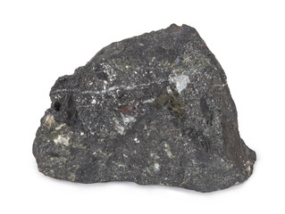 Mineral  magnetite isolated on white background. Magnetite is a mineral and one of the main iron ores. Magnetite is ferrimagnetic  it is attracted to a magnet and can be magnetized.