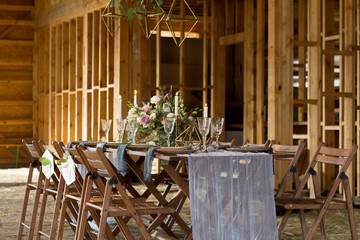 Wedding party  in a wooden barn. Vintage Style. © natalysavina