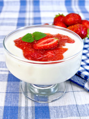 Dessert milk with strawberry in bowl on towel